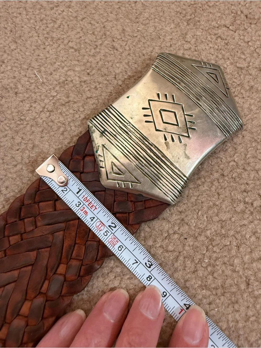 Vintage 1990 Brown woven wide Leather Oversized Silver Concho Belt adjustable